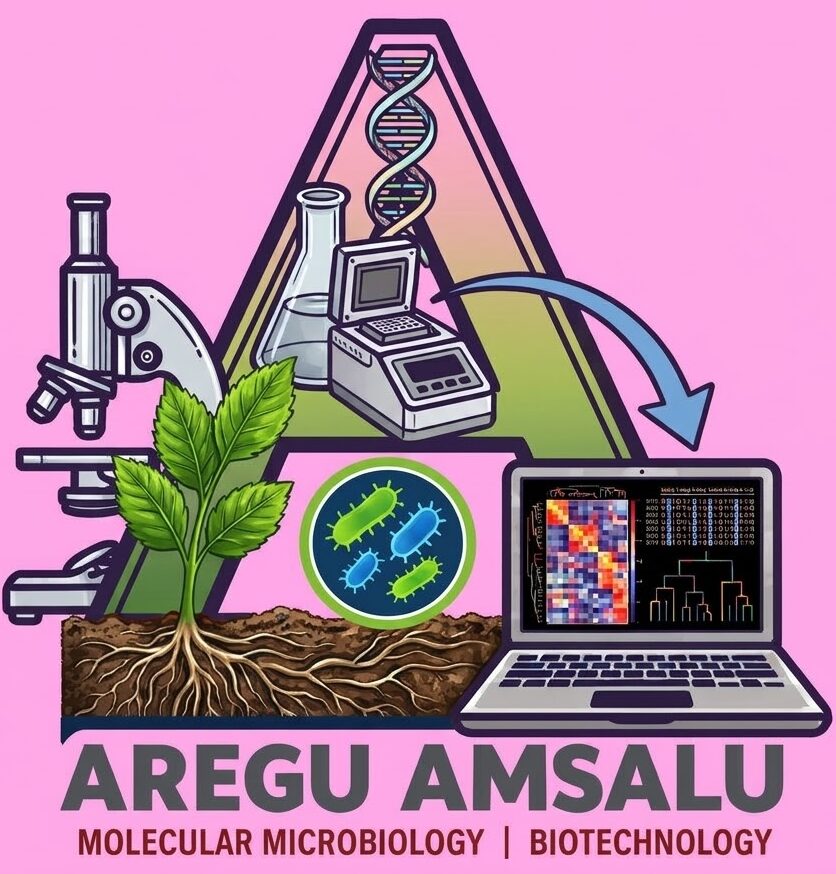 Aregu Amsalu personal logo showing molecular microbiology, biotechnology, plant-microbe research, bioinformatics and genomic data analysis.